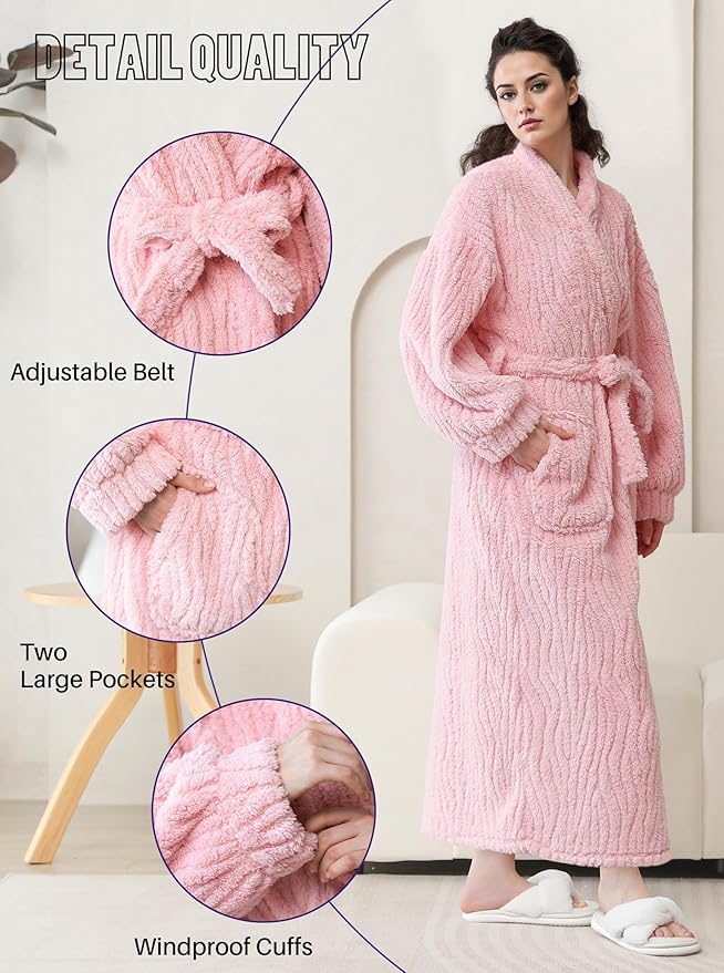 Artfasion Womens Long Fleece Robe - Warm Soft Floor Length Flannel Bathrobes for Winter Thicker Long House Coat with Pockets