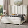 Jocisland Queen Size Bed Frame with 58" Tall Headboard, Platform Velvet Upholstered Bed with Channel Tufted Wingback Headboard and Plating Trim, No Box Spring Needed, White Cream