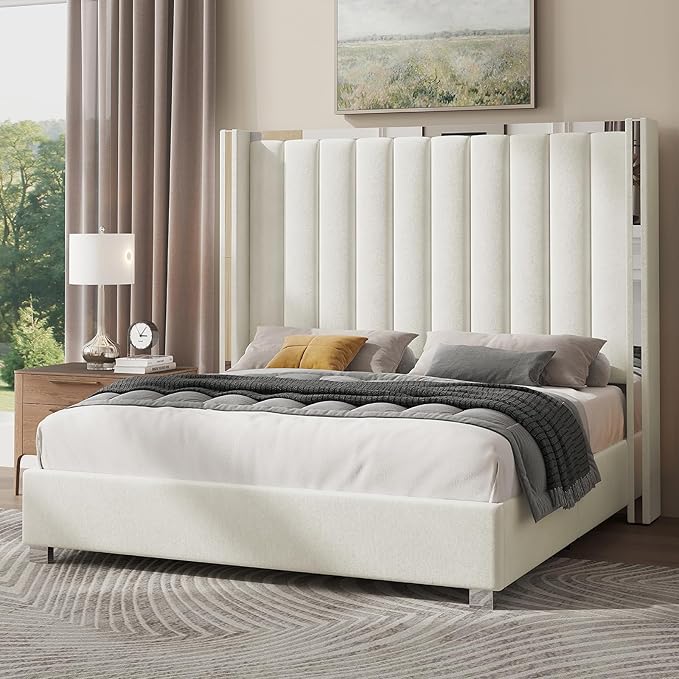 Jocisland Queen Size Bed Frame with 58" Tall Headboard, Platform Velvet Upholstered Bed with Channel Tufted Wingback Headboard and Plating Trim, No Box Spring Needed, White Cream