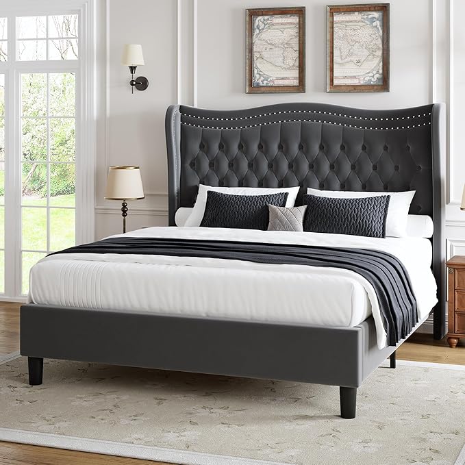 Upholstered King Size Bed Frame with Tall Headboard, Velvet Wingback Platform Bed Frame with Deep Button Tufted, No Box Spring Needed, Noise Free, Grey