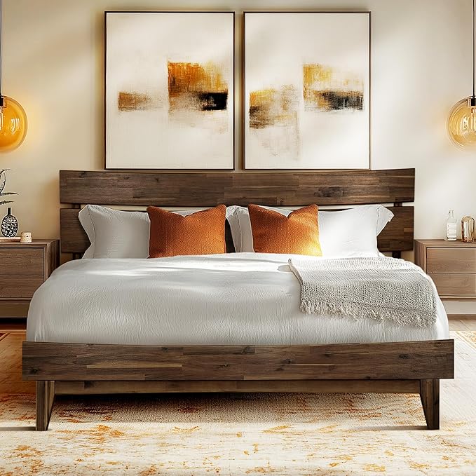 Acacia Aurora Bed Frame with Headboard Solid Wood Foundation, Queen Bed Frame, Contemporary Signature Solid Wood Foundation Compatible with All Mattress Types, Non-Slip and Noise-Free, Chocolate
