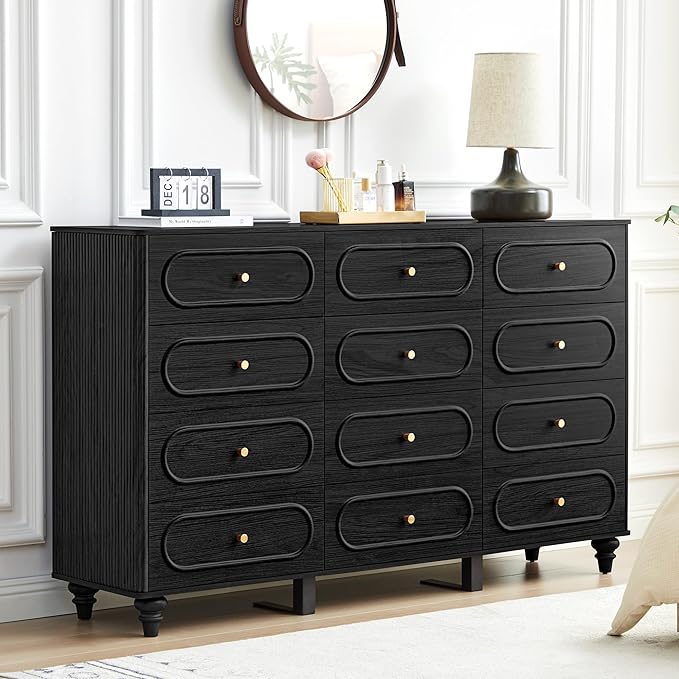 12 Drawer Fluted Dresser for Bedroom, Mid Century Modern Chest of Drawers, Wood Storage Small Dresser Organizer for Bedroom Living Room Hallway Closet, Black