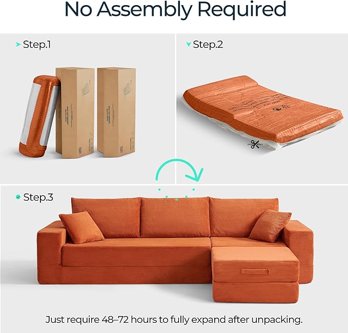 LINSY HOME Convertible Sofa Bed with 2 Pillows & Ottoman, Boneless Couch Folding Modular Sectional Sleeper Sofa, L Shaped Sofas Corduroy Couch Bed Compression Sofa for Living Room Apartment, Orange