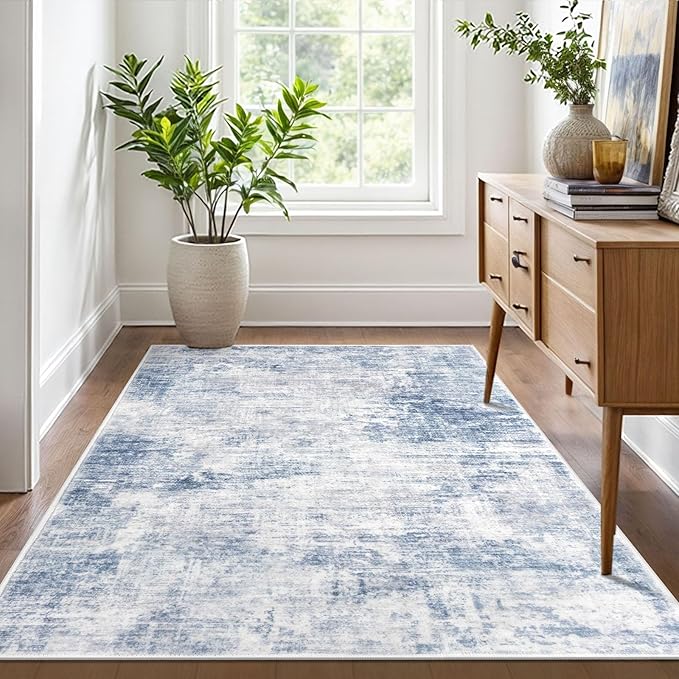 IOHOUZE Abstract Area Rug 4x6 Ft Washable Rugs for Entryway Indoor, Non Slip Small Living Room Rugs Printed Faux Wool Throw Rug, Floor Carpet for Kitchen Nursery Playroom, Light Blue White
