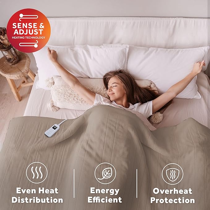 Sunbeam Electric Royal Luxe Microplush Heated Blanket, 12 Heat Settings, 12-Hour Auto Shut-Off, Fast Heating, Warm & Cozy, Machine Washable, Mushroom Color, Full (84" x 72")