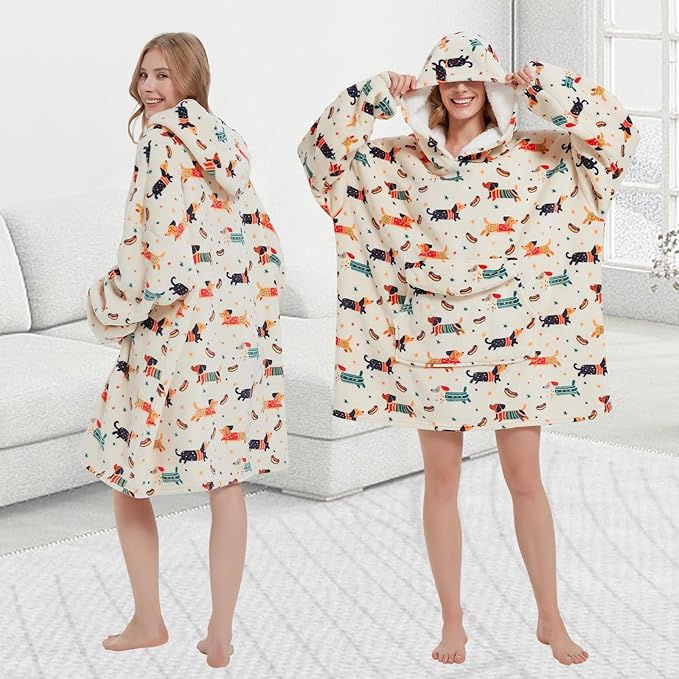 Wearable Blanket Hoodie for Adult,Oversized Sherpa Fleece Blanket Hoodie for Women Men,Dachshund