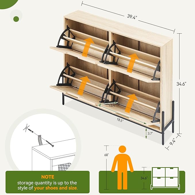IDEALHOUSE Rattan Shoe Storage Cabinet with 4 Flip Drawers, Freestanding Shoe Organizer with Adjustable Shelves for Entryway, Narrow Shoe Rack Cabinet, Farmhouse Slim Shoe Cabinet, Oak