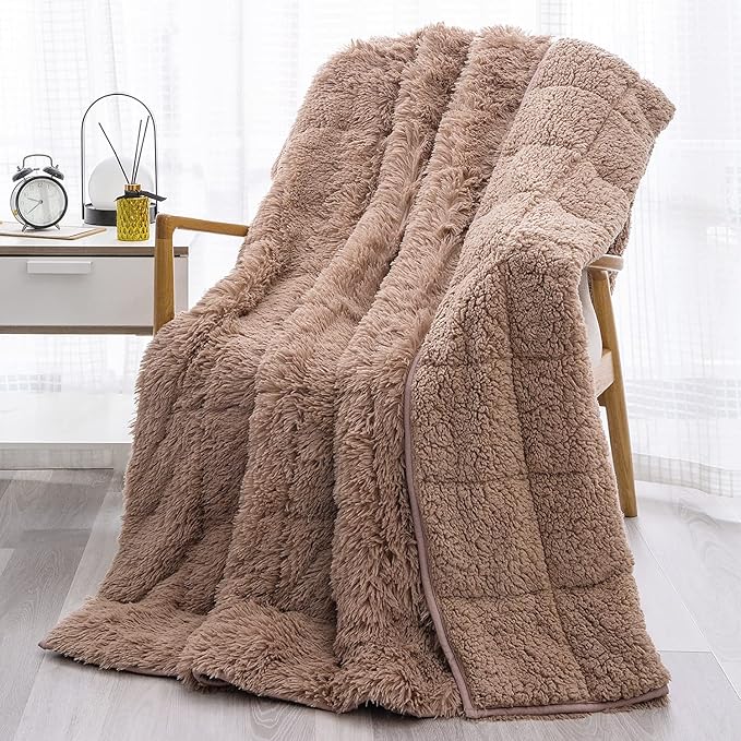 Wemore Shaggy Long Fur Faux Fur Weighted Blanket,Cozy and Fluffy Plush Sherpa Long Hair Blanket for Adult 20lbs,Fluffy Fuzzy Sherpa Reverse Heavy Blanket for Bed,Couch, Brown 60 x 80 Inches