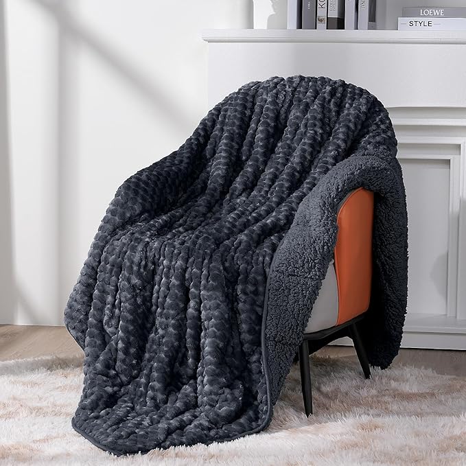 Topblan Weighted Blanket for Adults (60" x 80" 15lbs, Dark Grey), Soft Sherpa Queen Size Heavy Blanket, 3D Jacquard Flannel Fleece Weighted Blankets for Couch and Bed