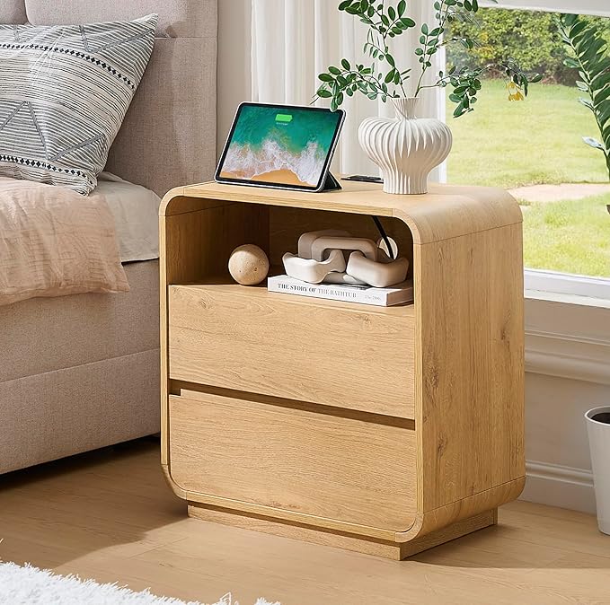 Modern Nightstand, 25" Tall Wood Bedside Table with Charging Station, 2 Storage Drawers Side Table, Large End Table Night Stand for Bedroom, Office, Sofa, Curved Profile Design, Natural