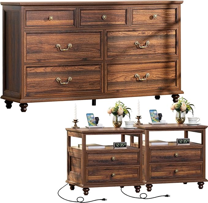 Farmhouse Furniture Set, Nightstands Set of 2 and 7 Drawers Dresser for Bedroom, 54 Inch Wide Wood Dresser and 24" Night Stands with Charging Station for Bedroom, Living Room, Hallway