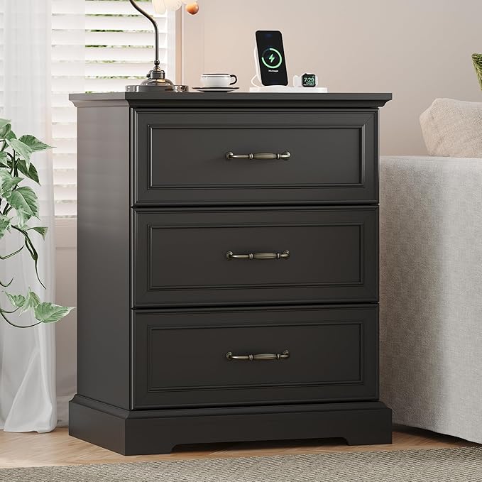 Farmhouse 3 Drawers Dresser for Bedroom, 24" Wide Modern Chest of Drawers with Deep Drawers & Bar Handles, Rustic Wood Nightstand, Wooden Closet Storage Organizer for Living Room, Hallway, Black