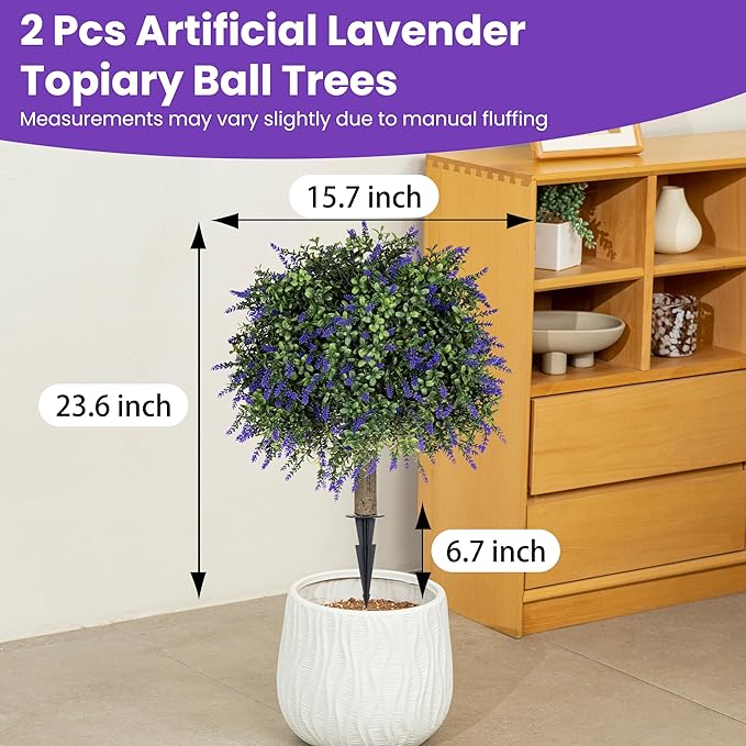 Artificial Lavender Topiary Ball Trees, 2 Pcs 23.6" Faux Lavender Bushes with 4 Ground Spikes, Fake Evergreen Plants for Home, Garden, Yard, Patio, Front Porch Decor