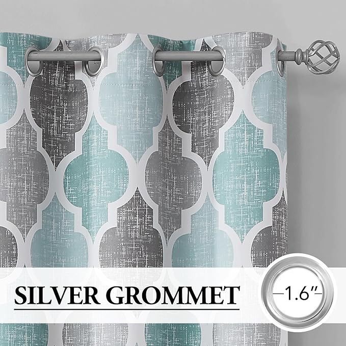 Beauoop 100% Blackout Curtains 72 Inches Long 2 Panels for Bedroom Living Room Aqua Grey Moroccan Geo Room Darkening Thermal Insulated Soundproof Grommet Top Window Treatments Drapes, 50x72 Set of 2
