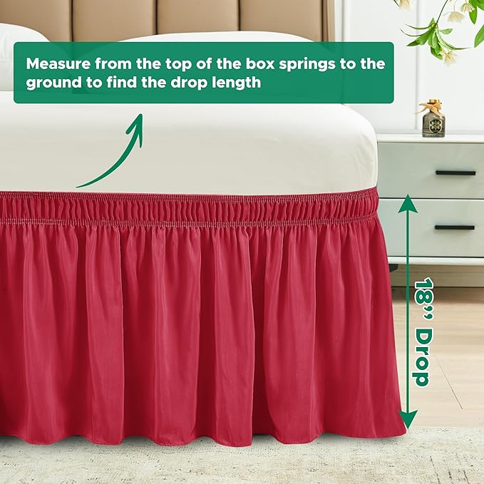 Biscaynebay Wrap Around Bed Skirts for Queen Size Beds 18" Drop, Red Adjustable Elastic Dust Ruffles Easy Fit Wrinkle Resistant Silky Luxurious Fabric Machine Washable