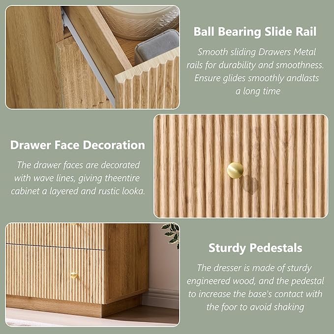 Fluted Dresser for Bedroom, 55" W 8 Drawer Dressers, Wood Tall Dresser Storage Organizer, Modern Bedroom Chest of Drawers with Deep Storage for Closet Hallway, Entryway, Living Room Natural