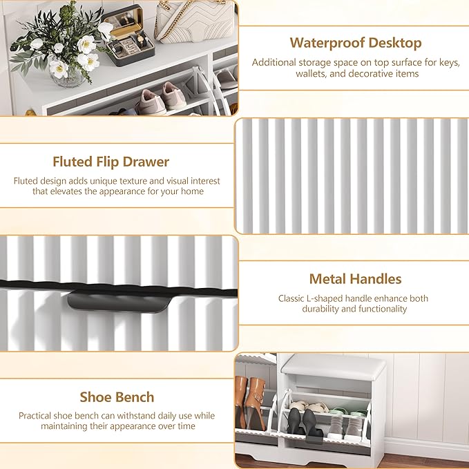 Shoe Cabinet Storage for Entryway with 4 Flip Drawers, White Fluted Shoe Cabinet with Bench, Wooden Hidden Shoe Rack Freestanding Narrow Slim Shoes Storage Organizer for Hallway, Entrance