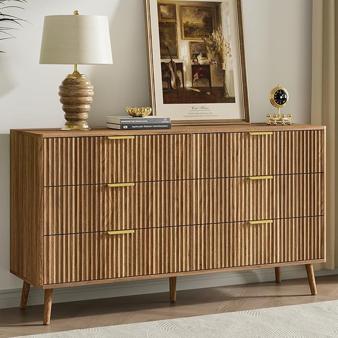 LYNSOM 55" Wide Fluted Dresser for Bedroom with 6 Drawer, Modern Chest of Drawers with Curved Profile Design and Metal Handles, Wood Dresser TV Stand & Storage Organizer for Living Room, Walnut