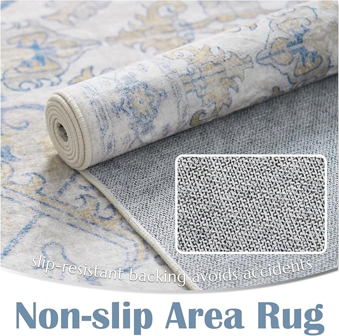 jinchan 3x5 Machine Washable Area Rugs for Entryway - Distressed Vintage Floral Ultra-Thin Low-Pile Soft Non-Shedding Indoor Floor Carpet for Kitchen Bedroom Entrance Laundry Living Room(3x5ft, Blue)