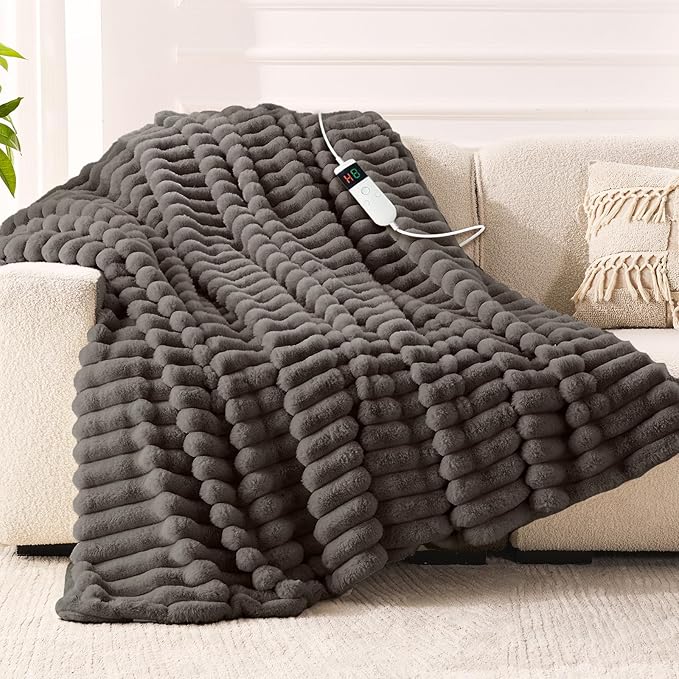 Heated Blanket Electric Throw 50″x60 ″Inch - Thick Striped Flannel Electric Blanket,10 Heating Levels, 1-12 Hours Auto Off, Fast Heating Heating Blanket with Overheat Protection.