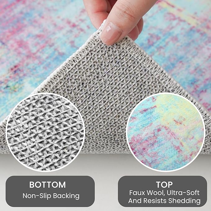IOHOUZE Abstract Runner Rug 3x12 Ft Washable Runners for Hallways, Non Slip Kitchen Runner Printed Faux Wool Entryway Runner Indoor, Modern Abstract Floor Carpet for Hall Kitchen, Pink Teal