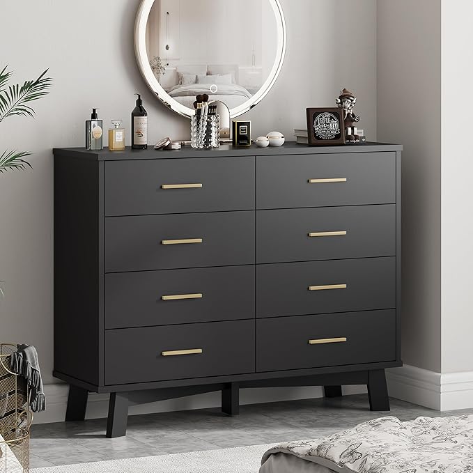 Dresser for Bedroom, 8 Drawer Wide Modern Chest of Drawers with X-Shaped Sturdy Base, Wood Double Dresser Closet Clothes Storage Organizer, Wooden TV Stand for Living Room, Hallway, Black