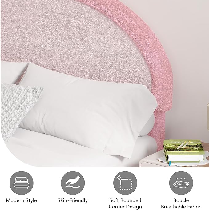 Queen Bed Frame, Boucle Upholstered Platform Bed Frame with Headboard, Pink Bed Frame, Soft Rounded Corners, No Box Spring Required, Easy Assembly