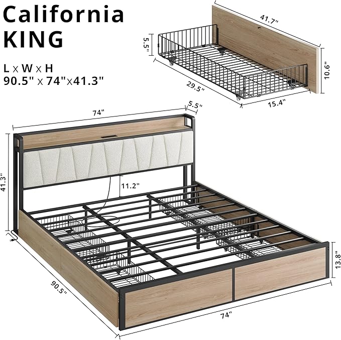LIKIMIO California King Bed Frame with 4 Storage Drawers, Platform Bed with Charged Headboard, Sturdy and Stable, No Noise, No Box Spring Needed, Easy to Install, Wood and Cream