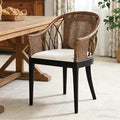 DUHOME Wood Rattan Arm Accent Chair Natural Wash/White Cushion Side Armchair Gianni Brown & Black Solid Living Room Chair for Dining Room Bedroom Office Foyer Arm Chair