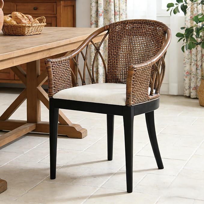 DUHOME Wood Rattan Arm Accent Chair Natural Wash/White Cushion Side Armchair Gianni Brown & Black Solid Living Room Chair for Dining Room Bedroom Office Foyer Arm Chair