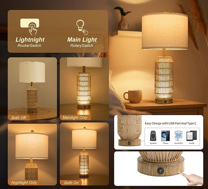 OYEARS 25" Table Lamps Set of 2 with Night Light,Bedside Lamps for Bedroom,Boho Lamps with USB C+A Charging Ports,Farmhouse Table Lamp with Rattan,Frosted Glass,Linen Shade (Wood Grain,Bulb Included)