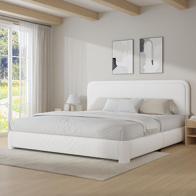 BarnFurin Boucle Upholstered California King Bed Frame/Soft Rounded Corners Headboard/Low Profile Bed Frame/No Box Spring Needed/White