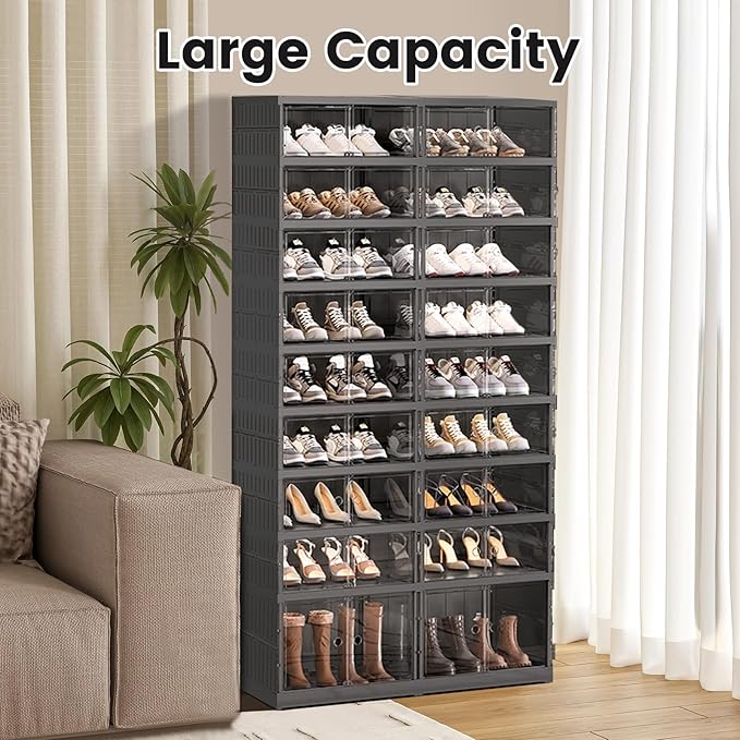 Shoe Rack Organizer for Closet Entryway Foldable Sneaker Storage Shoe, Collapsible Shoe Cabinet, Stackable Shoe Storage Cabinet with Lids for Living Room (9 Tiers -36 Pairs Black)