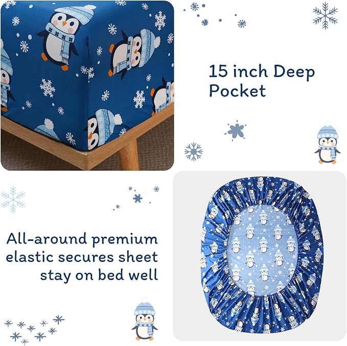 JSD Penguin Snowflakes Kids Christmas Sheet Set Full Size, 4 Piece Blue Printed Microfiber Sheets Deep Pocket