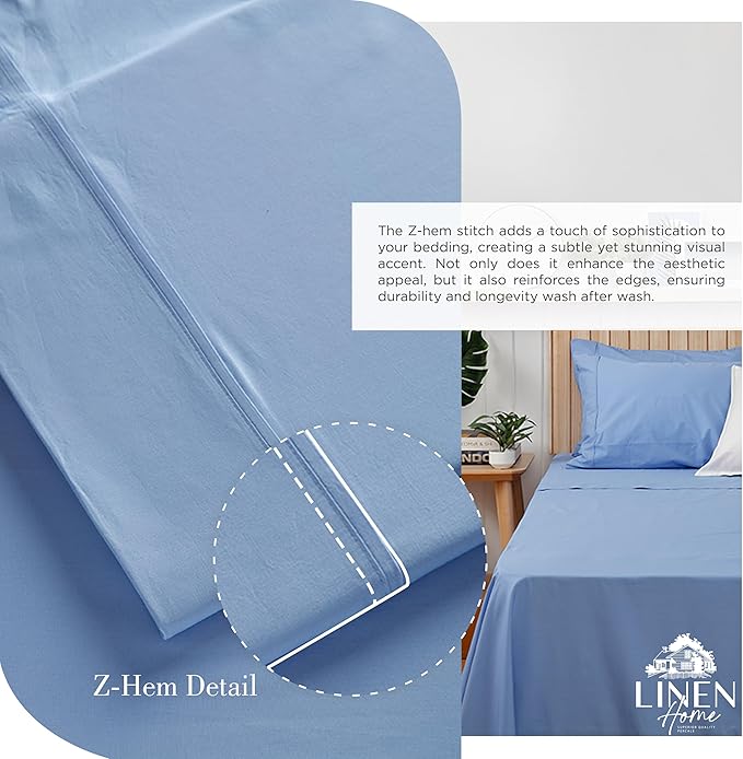Linen Home 100% Cotton Percale Sheets Twin XL Size, Baby Blue, Deep Pocket, 3 Pieces Set - 1 Flat, 1 Deep Pocket Fitted Sheet and 1 Pillowcase, Crisp Cool and Strong Bed Linen
