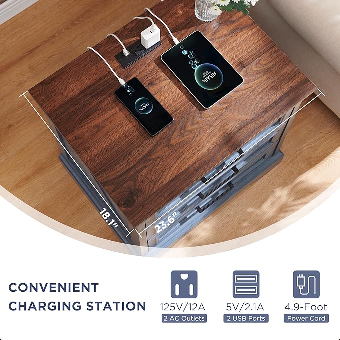ACCOHOHO Farmhouse Nightstand with Charging Station, 22 Inch Wide End Table with 3 Large Drawers & Bar Handles, Rustic Wood Small Dresser Chest of Drawers for Bedroom, Living Room, Closet, Blue