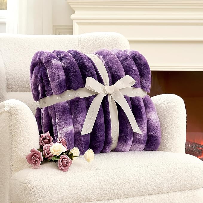 Cozy Bliss Faux Fur Throw Blanket for Couch, Cozy Warm Plush Striped Blanket for Sofa Bedroom Living Room, 108 * 90 Inches Tie-dye Purple