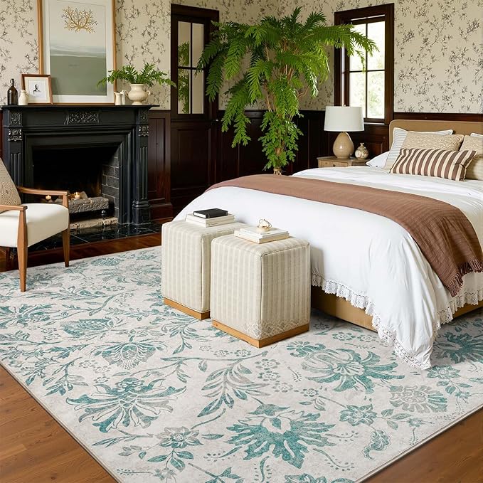 jinchan Torino Floral 8x10 Area Rugs Vintage-Inspired Design Accent Living Room Rug Machine Washable Ultra-Thin Low-Pile Non-Slip Traditional Carpet for Bedroom Dining Room Home Office