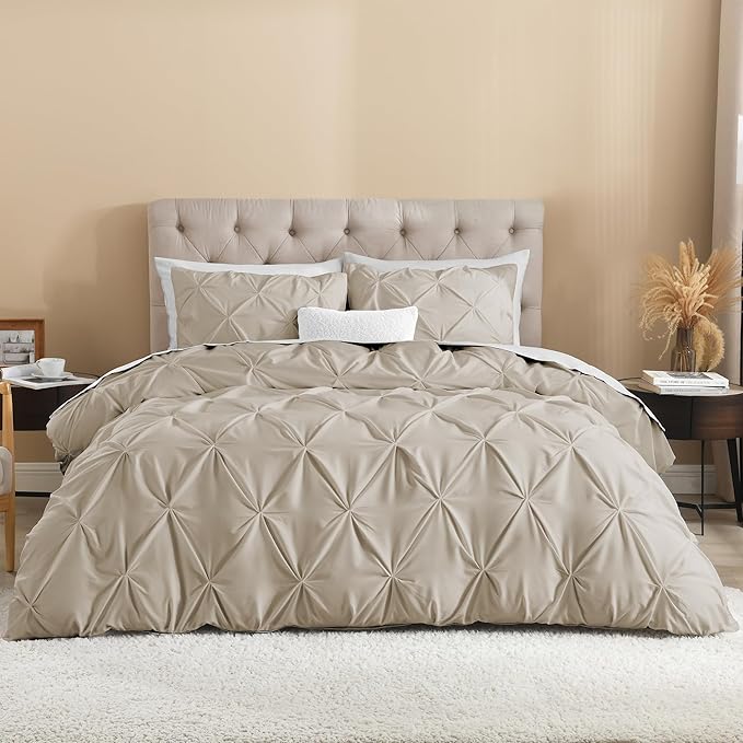 Litanika Oatmeal Oversized King Pinch Pleat Duvet Cover, 3 Pieces Pintuck Cover Soft Microfiber Bedding Set with Zipper Closure & Corner Ties(1 Duvet Cover, 2 Pillowcases)