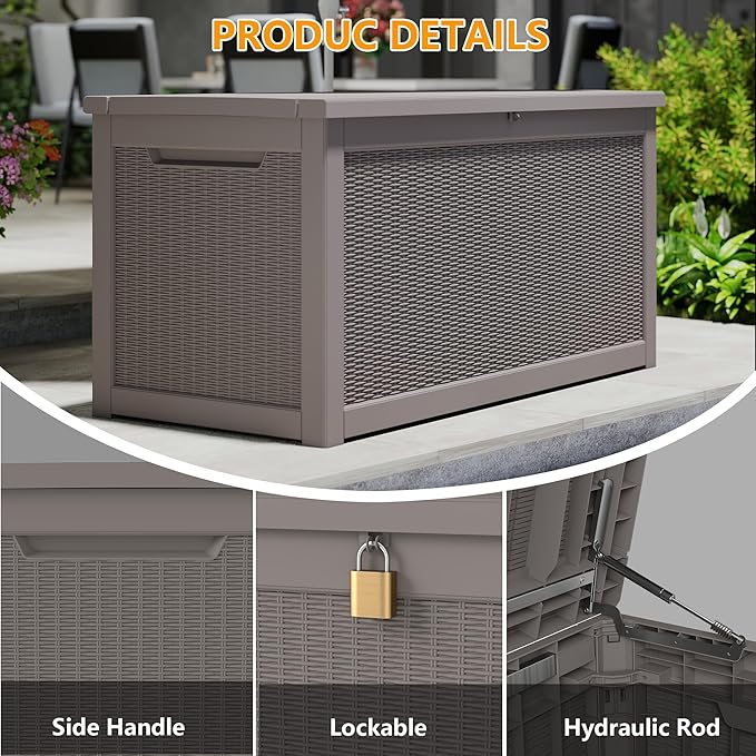320 Gallon Outdoor Storage Box Waterproof, Resin Deck Boxes with Lockable Lid & UV-Resistant for Patio, Pool, Garden Furniture Cushions & Accessories, Coffee