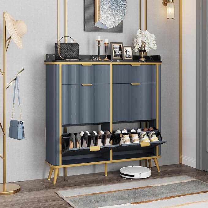 Fluted Shoe Cabinet Storage, Modern Slim Shoe Organizer Cabinet with 4 Flip Drawers & 2 Drawers, Wooden Freestanding Shoe Rack Cabinets for Entryway, Foyer, Hallway, Navy Blue