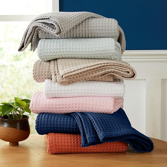 100% Cotton Waffle Weave Queen Bed Blanket | Soft, Breathable, and Lightweight Blanket for All-Seasons | Perfect for Layering | Brielle Collection (King, Sky Blue)