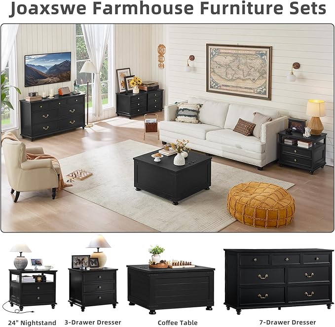 Farmhouse Dresser and Nightstand Sets 3 Piece, Nightstands Set of 2 and 7 Drawers for Bedroom, 54" Wide Dresser and 24" Inch Night Stand Set for Bedroom, Living Room, Hallway
