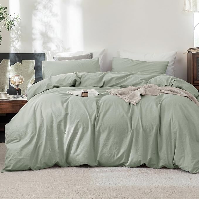 FOSSA Duvet Cover Set 100% Washed Cotton Linen Feel Super Soft Breathable Cozy 3 Pieces Bedding Sets Solid Sage Green Full/Double