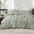 FOSSA Duvet Cover Set 100% Washed Cotton Linen Feel Super Soft Breathable Cozy 3 Pieces Bedding Sets Solid Sage Green Super King