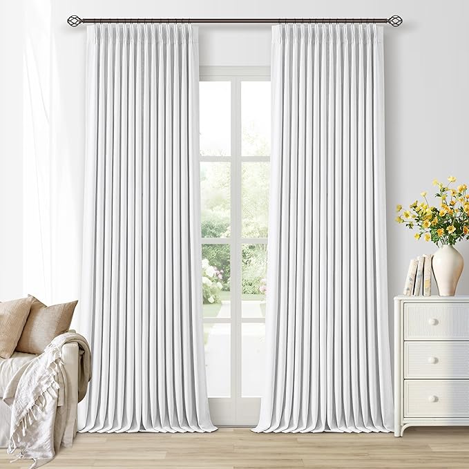 White Blackout Pinch Pleated Linen Curtains 105 Inches Long for Living Room 2 Panels Thermal Insulted Dual Layer Drapes Ceiling Floor Back Tab 105 Inch Window Curtains Bedroom Sliding Glass Door