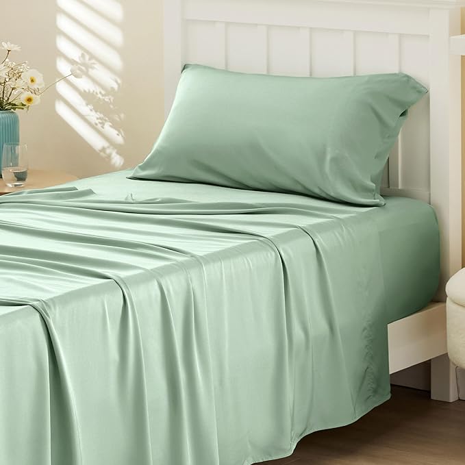 Bedsure Cooling Sheets Twin, Rayon Derived from Bamboo, Breathable & Soft Twin Sheets Set, Deep Pocket Up to 16 Inches, Hotel Luxury Silky Bedding for Hot Sleepers, Sage Green