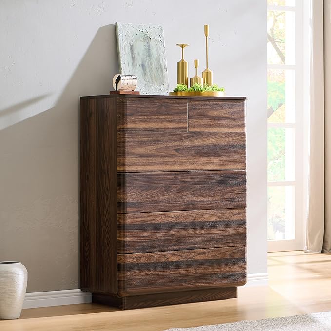 ACCOHOHO 6 Drawer Dresser for Bedroom, 42 Inch Tall Modern Chest of Drawers, Push-to-Open Wood Storgae Organizer with Large Drawers for Bedroom, Living Room, Hallway, Brown