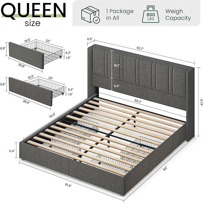LARMACE Bed Frame Queen Size with Storage Drawers and Wingback Headboard, Linen Upholstered Platform Bed Frame with Wooden Slats, Easy Assembly, Light Grey
