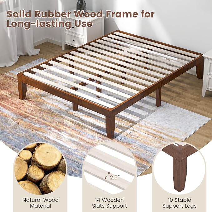 Giantex 14 Inch Queen Wood Platform Bed Frame, Minimalist Style Mattress Foundation with Solid Rubber Wood, Heavy Duty Slat Support, Without Headboard, Easy Assembly, No Box Spring Needed, Walnut